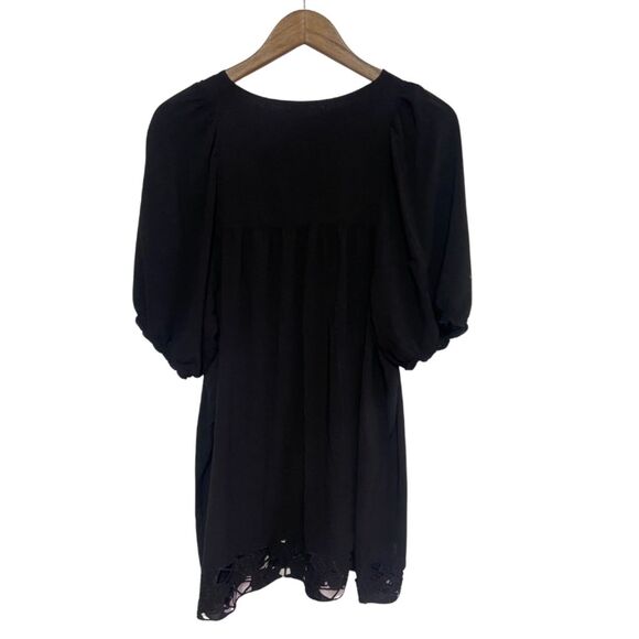 BCBGMaxAzria Tunic Dress Women's Large Black Mini Shift Puff Sleeve Lace Detail - Picture 3 of 9